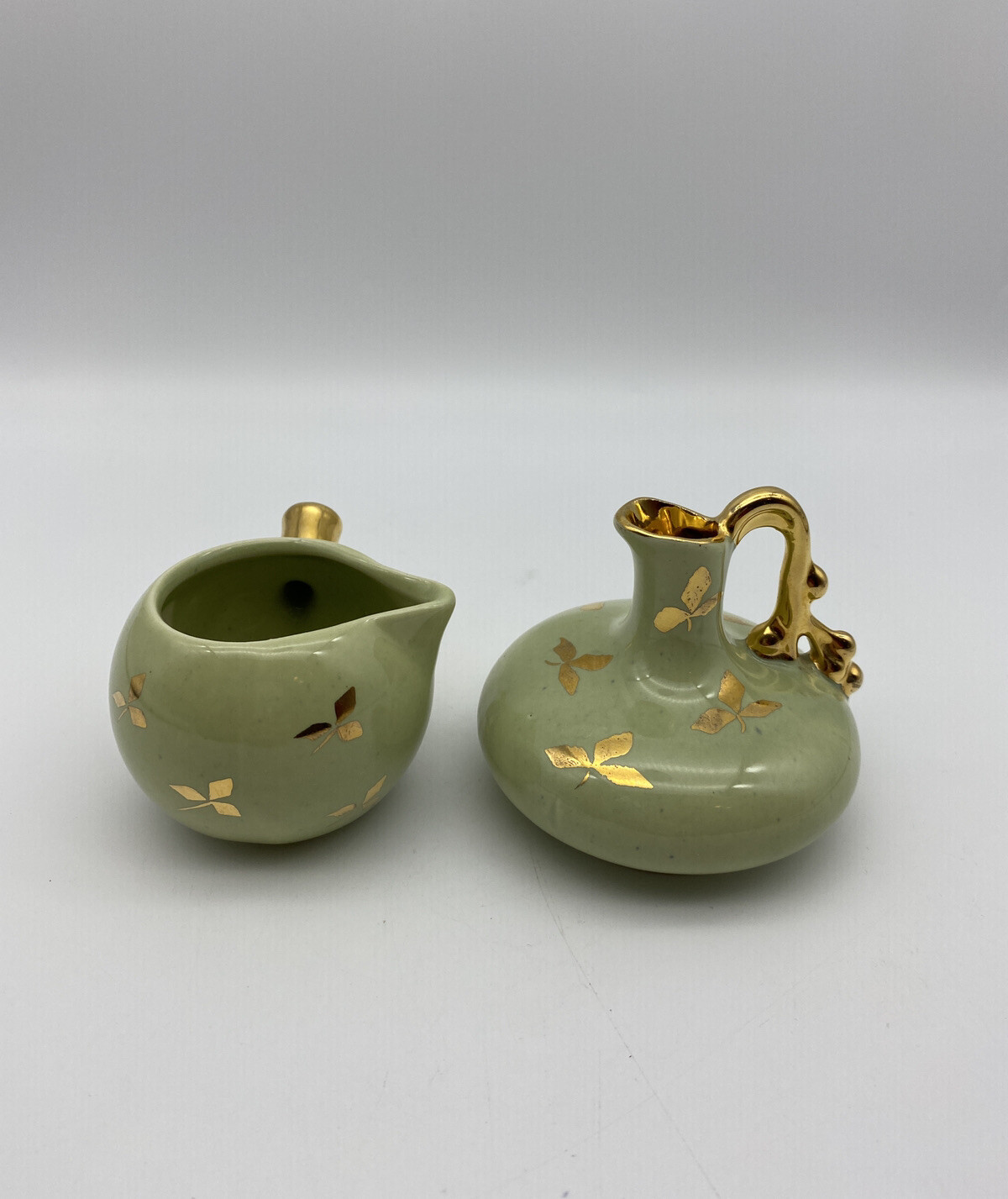 Vintage Handpainted LE PERE POTTERY Green Gold Trefoil Pitcher Jug Ewer