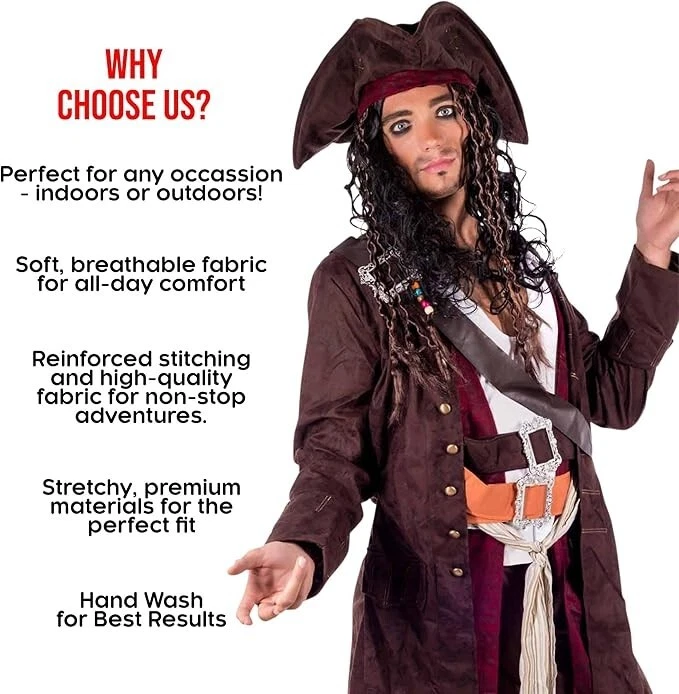 Disfraz de Capitán Pirata del Caribe para Hombre + Sombrero + Peluca Jack Sparrow M - XL Halloween Foto 4 de 4