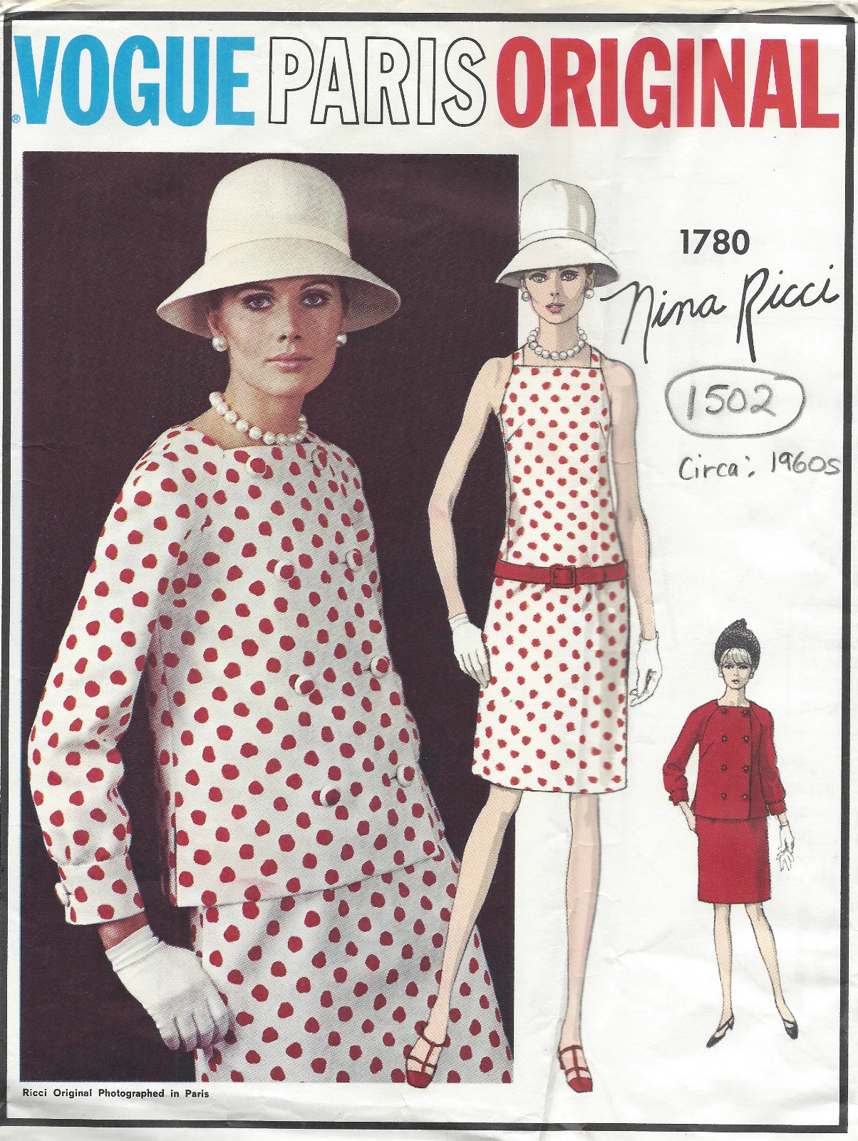 1960s Vintage VOGUE Sewing Pattern B34 DRESS & JACKET (1502) By Nina Ricci
