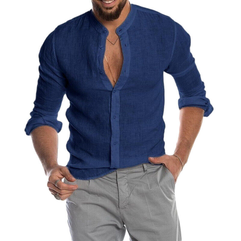 Mens Casual Linen Shirts Long Sleeve Button Up Fit Tees T-Shirts Tops Plus  Size