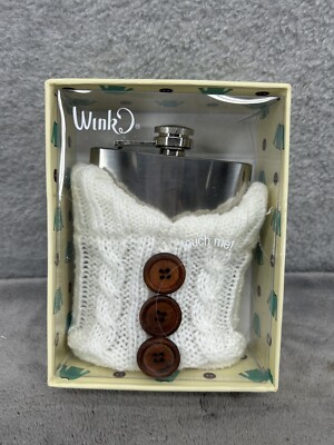 Wink Hip Flask With White Cable Knit Sweater And Brown Buttons