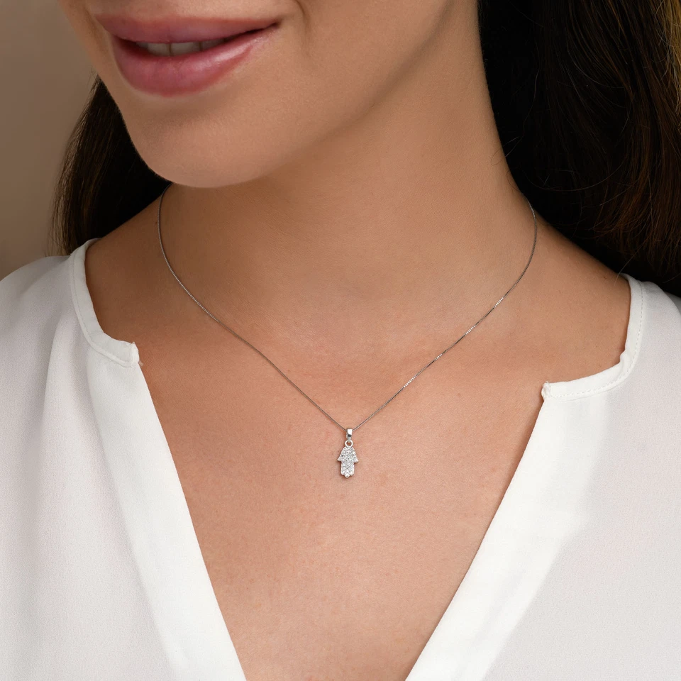 Collar de mano pequeño Hamsa de oro blanco macizo de 14k con 0,14 quilates de diamantes Foto 2 de 4