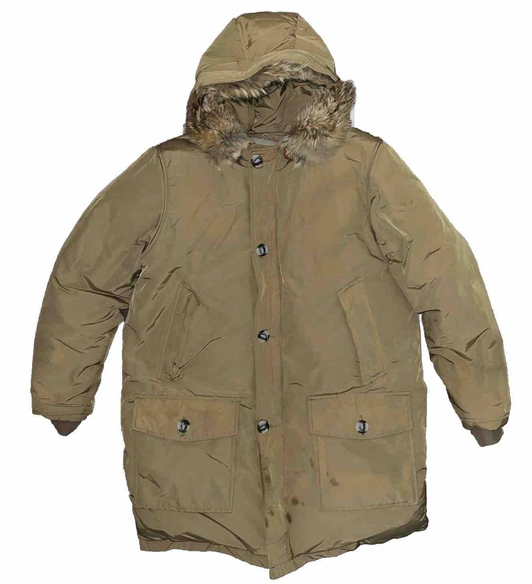 Vintage 80s 90s Men's LL Bean Beige Down Fur Hood Parka Coat Large