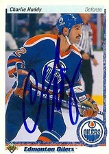 Charlie Huddy autographed Hockey Card (Edmonton Oilers) 1990 Upper Deck #341