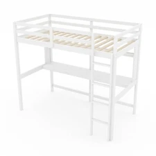Twin Size Kids Loft Bed Frame Solid Wood Frame Bunk Bed With Safety Guardrail
