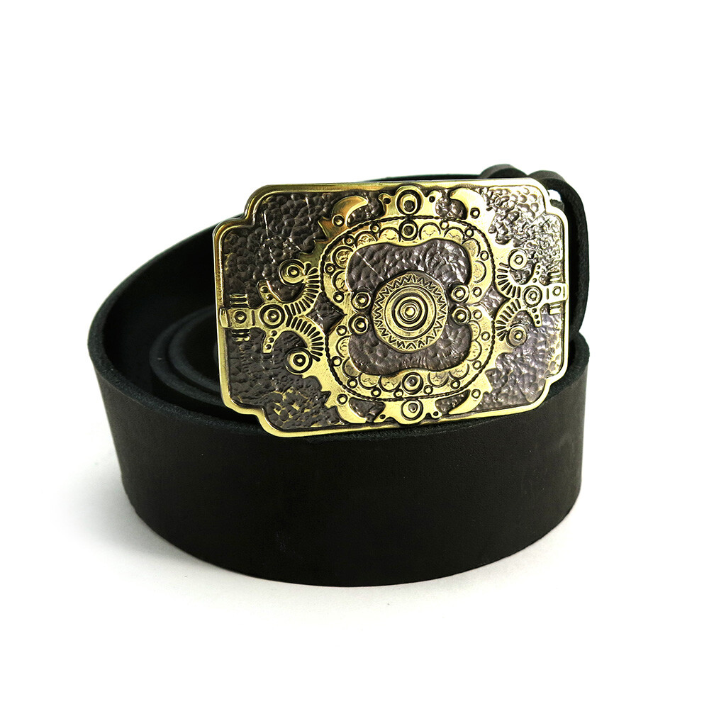 Leather belt with brass buckle Sun, Ornamental, Christian Ukrainian cross amulet-image