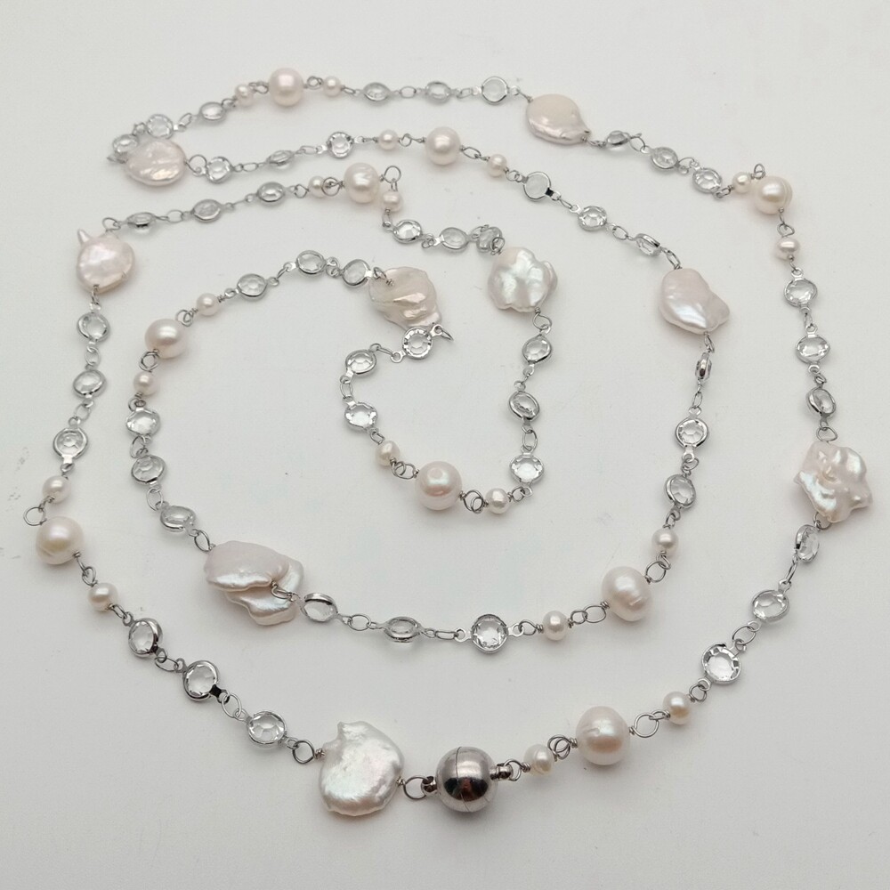 Cultured White Keshi Pearl White Gold Plated Cz Pave Chain Long