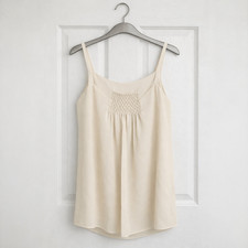 Eileen Fisher Silk Crepe Long Camisole Bone Cream L Smocked Sheer Lined Top New