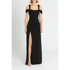 Halston Heritage Cold Shoulder Fitted Crepe Gown Thigh High Slit in Black Size 6