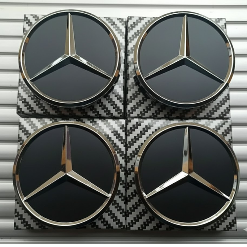 4 x Black Mercedes Benz 75mm Alloy Wheel Centre Caps AMG A B C E S M ...
