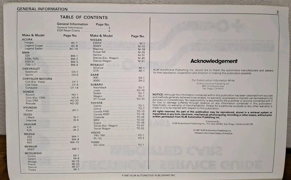 KLM 1987 Guía de servicio eléctrico Coches importados RX7 Mazda Honda CRX Nissan Acura Foto 2 de 4