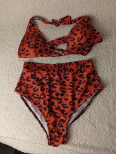 Womens Unbranded 2 Piece Strappy Bikini, Size L, Black/Red Leopard Print