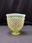 Vintage Fenton Vaseline Glass Topaz Yellow Mini Opalescent Hobnail Fan Vase 3.5"