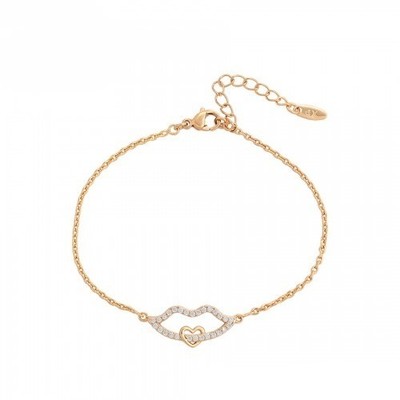 Gold Plated Brass Bracelet   Crystal Lip & Heart Charm Adjustable