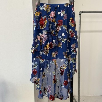 Alice + Olivia Blue Burnout High Low Ruffled Silk Blend Skirt Size 2
