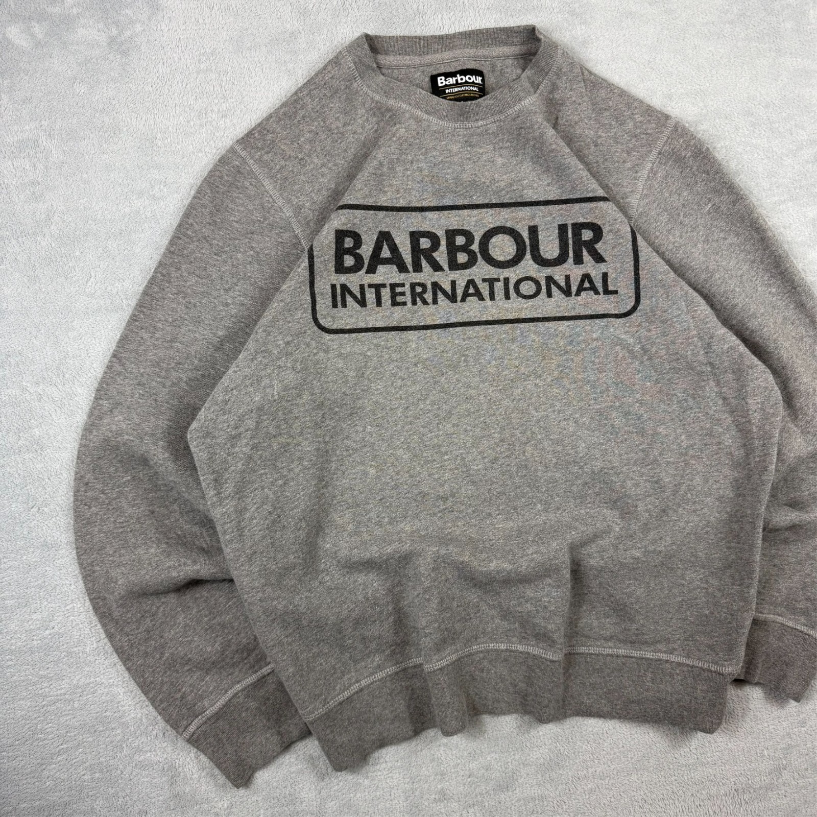 VTG Barbour International Grey Black Big Logo Size Medium Pullover Sweatshirt image 2