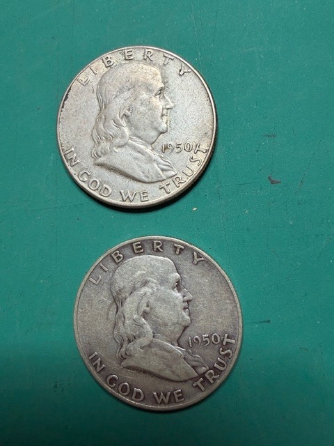 Two nice Franklin Half Dollars one each 1950-P and 1950-D silver circulated