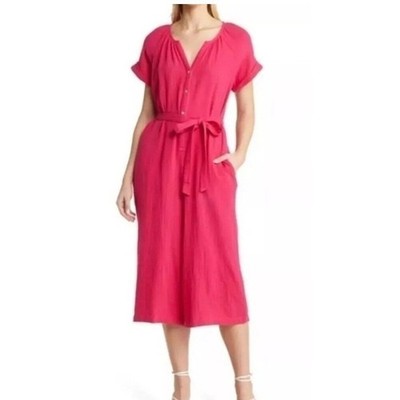 Tommy Bahama Coral Isle Belted Cotton Jumpsuit Pink Wide Leg Gauze Womens M NEW