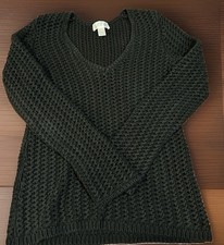 LOFT Crochet Open Knit V-Neck Sweater Black Small