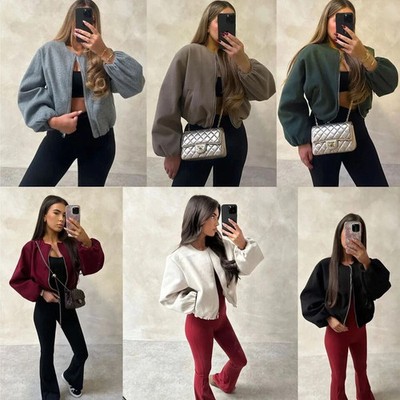 Damen Zip Bomberjacke Damen Lang Ballon Puffärmel Reißverschluss Pullover Crop Top