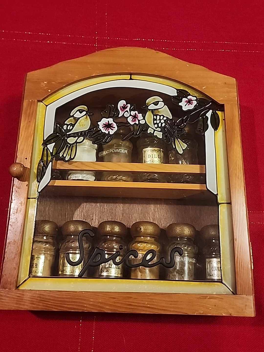 🔥 VTG Wood Spice Cabinet Painted Glass 12 Jar Beautiful Bird On A Tree 🔥