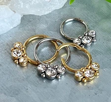 1pc Three Bezel Set Gems Hinged Segment Ring 16g Septum Clicker 316L Steel