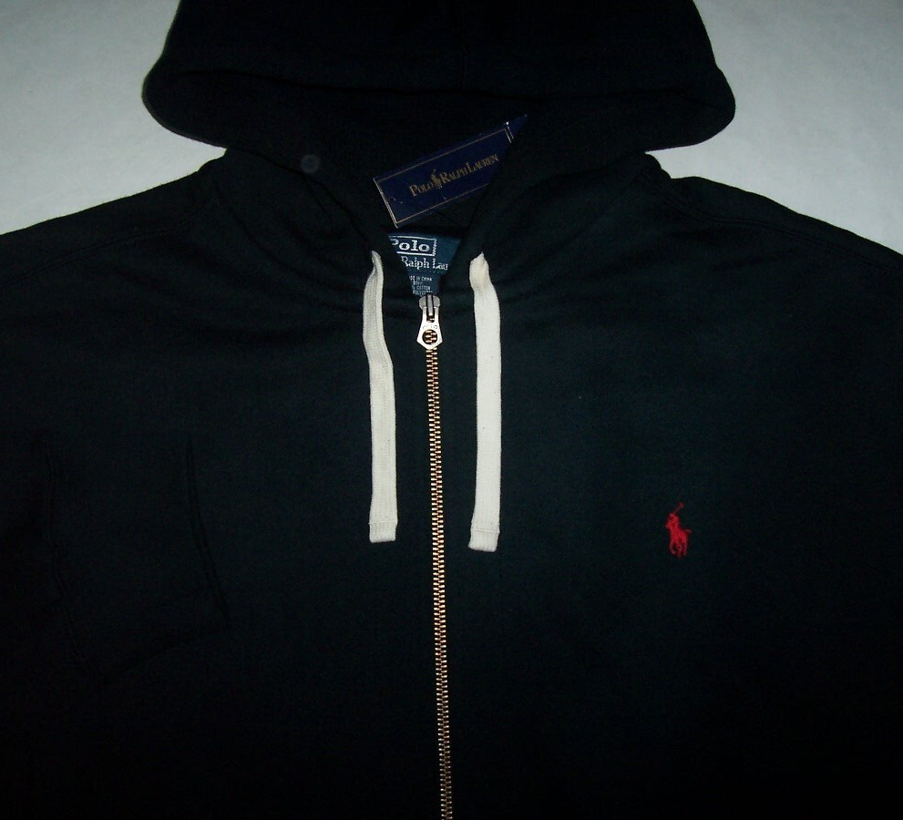 Polo Ralph Lauren nuova con etichette SOLID BLACK FULL ZIP giacca termica con cappuccio 3XB RED PONY