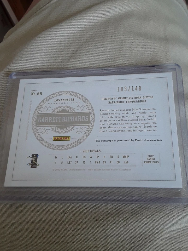 Garrett Richards SP Rookie Auto 2012 Panini Prime Cuts Boston Red Sox - Image 2 of 2