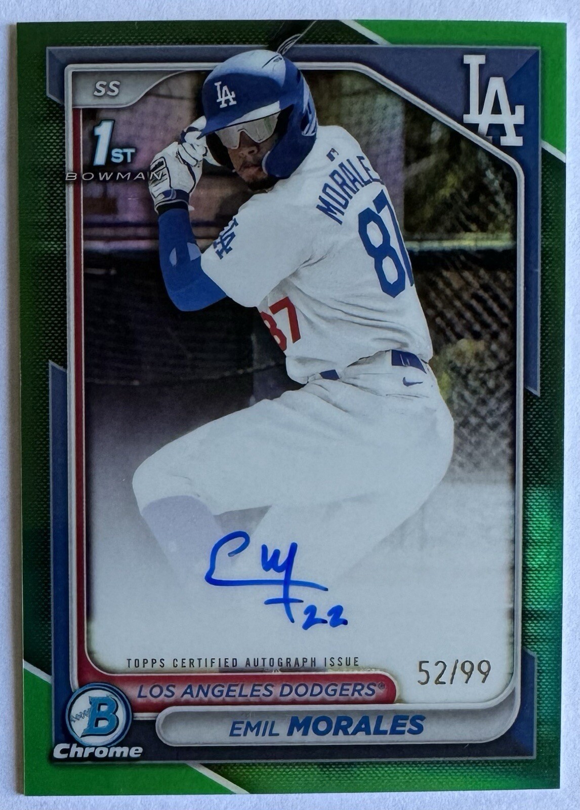 2024 Bowman Chrome Emil Morales 1st Bowman SP Green Refractor Auto /99 Dodgers