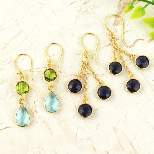 Good Quality Gemstone Gold Plated Statement Drop Dangle Earrings Jewelry 2 Pair - Picture 3 of 3