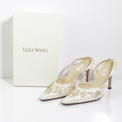 FANCY VERA WANG GOLD FLORAL BEAD EMBROIDERY CHAMPAGNE SILK SLINGBACKS SIZE US 10