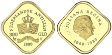 Niederl&auml;ndische Antillen 300 Gulden Gold 1980 K&ouml;nigin Juliana-Regina PP  128998