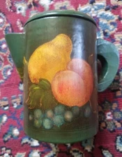 Beautiful Vintage hand painted Toleware Wooden Pitcher with Tole Painting of Fru