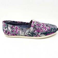 Toms Classics Grey Floral Womens Slip On Casual Canvas Flat Shoes