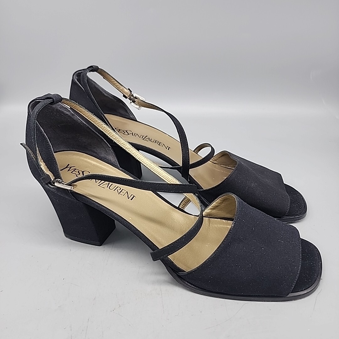 yves saint laurent scarpa donna pelle 9 5 nero tacco a blocco cinturino punta aperta