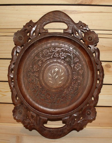 Vintage hand carved wood ornate floral serving tray - Picture 2 of 7