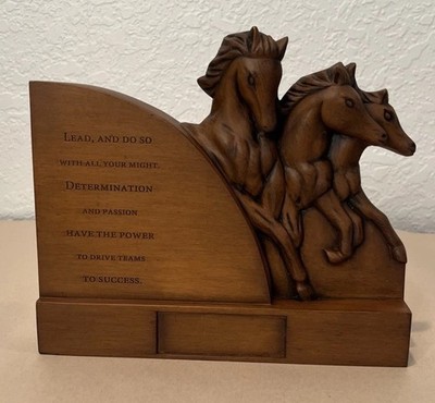 Inspirational Wooden Horse Sculpture Inlaid Writing Determination Power Success