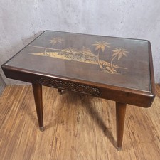 Mid Century Vintage Retro Wooden Carved Side Table Chinese Style Etched Topped 