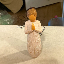 Angel Figurine Wood Metal w/ Wire Wings, Beige, Carvings, Free Standing