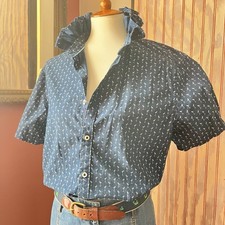 Upcycled Re-worked Viral Denim & Flower Navy Stork Print Ruffle Collar Shirt XL