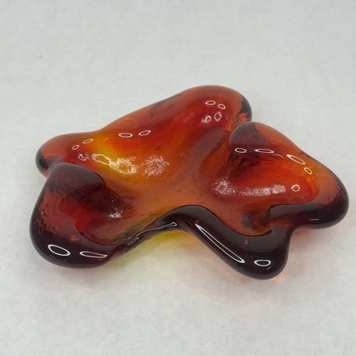 Vtg Blenko Textured Amoeba Art Glass Dish Ashtray Mid Century Fire Red Orange