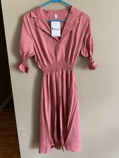 Women  s Pink Collared Midi Dress, Smocked Waist, Puff Sleeve, Size M NWT
