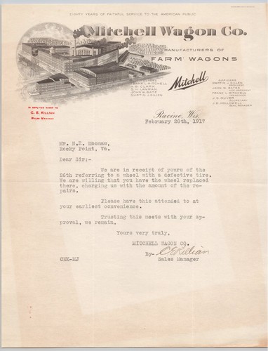 1917 Mitchell Wagon Co Racine WI Farm Wagons Illustrated Letterhead BH1-28