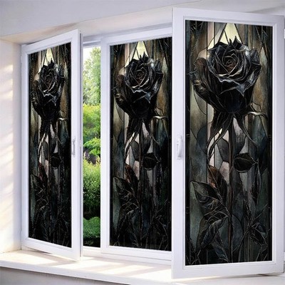 IVN Privacy Window Film Stained Glass Window Cling Black Rose and Gothic Desi...