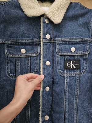 Calvin Klein Jeans Sherpa 90S Denim Jacke S Blau Beige Fellkragen Taschen