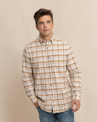 $118 Southern Tide Men's Botany Bay Plaid  Sport Shirt, Sand White, Large