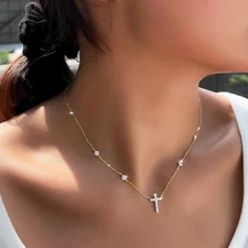 Gold Plated CZ Women 925 Silver Round Micro Pave Cross Pendant Chain Necklace