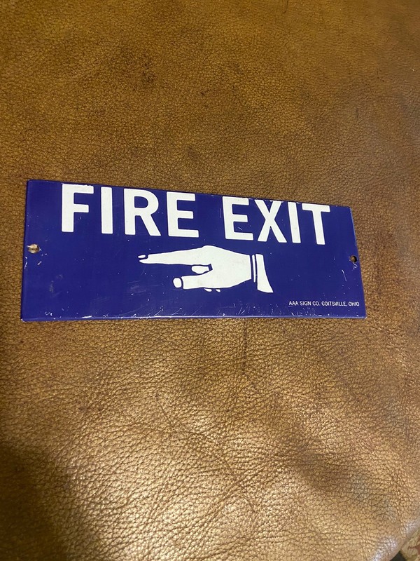 Vintage Fire Exit Sign Pointing Finger Hand Tin Original USA Ohio