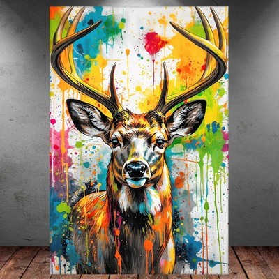 LEINWAND BILD ER XXL ABSTRAKT HIRSCH FARBSPRITZER BUNT MODERN WAND POSTER P1907