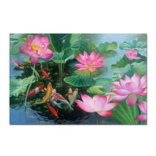 Hand Painted Koi Fish Lotus Pond Carp Oil Painting Canvas Wall Art Home Decor
